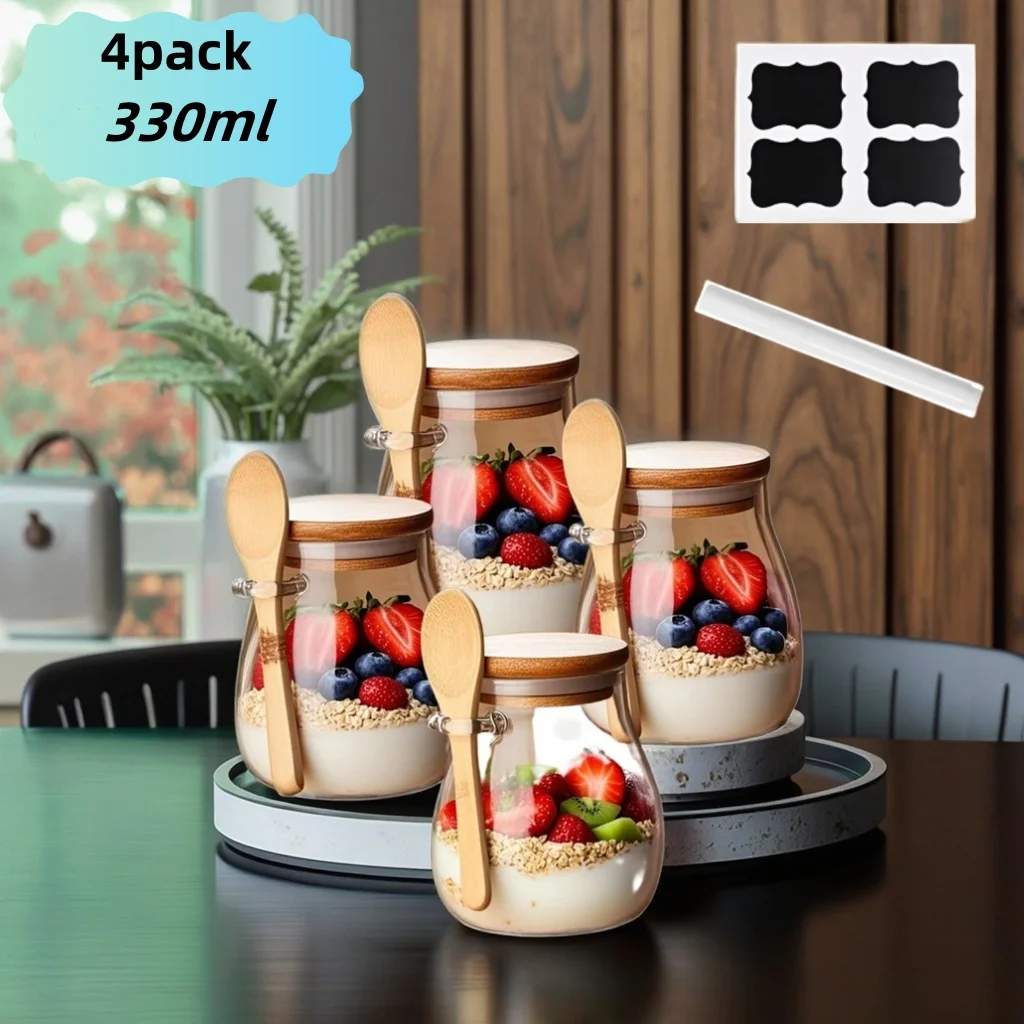 (4 Garrafas - 330ml) Utensílios De Vidro, Saladeiras, Potes De Vidro Com Tampa, Copos De Vidro Para Aveia