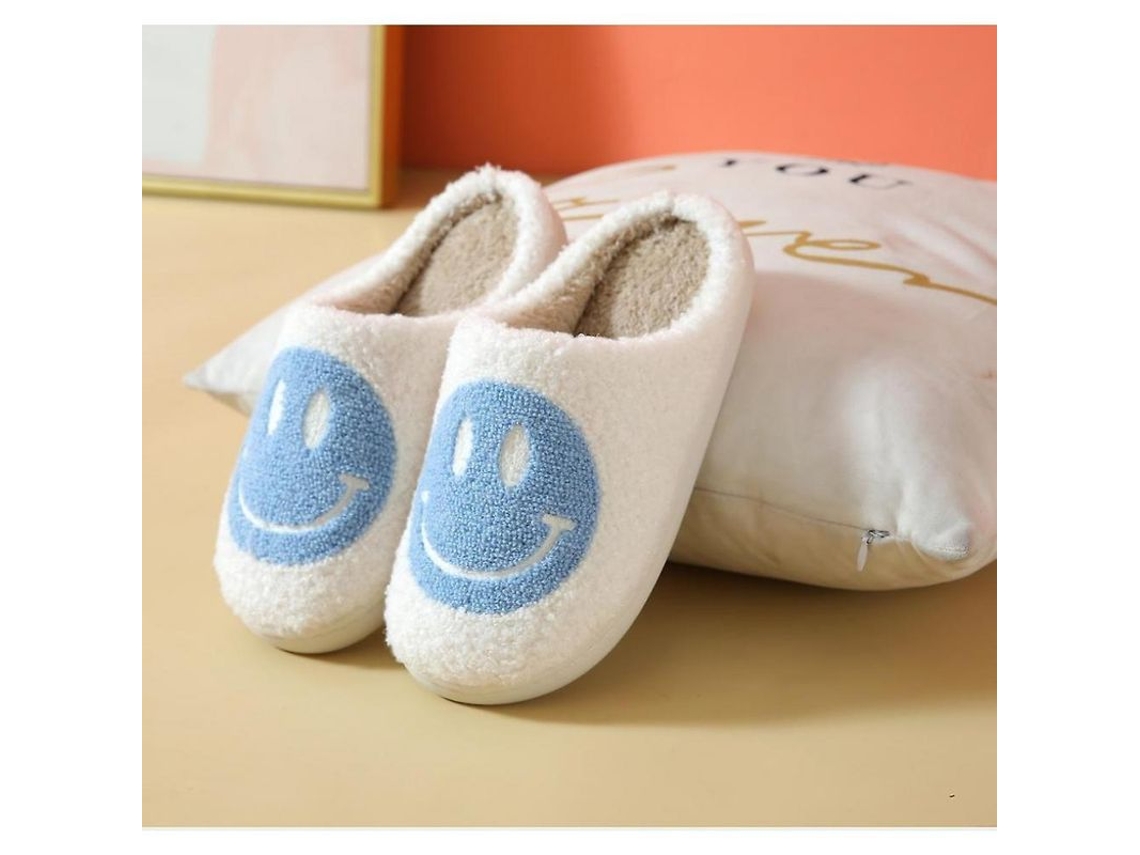 2026 pantuflas de Algodão com Pelúcia de Carinhas Sorridentes para Mulheres, Solas Grossas e Antiderrapantes, Design Fofo para Casa 43 44 Azul