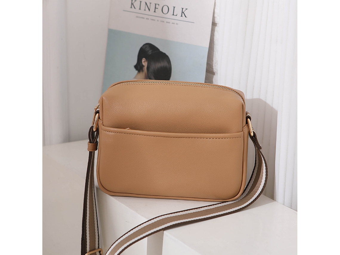Bolsa De Ombro Com Zíper Quadrado Da Moda, Bolsa Transversal Feminina De Couro Sintético Com Alça De Ombro Listrada, Marrom SUNNY SPACES