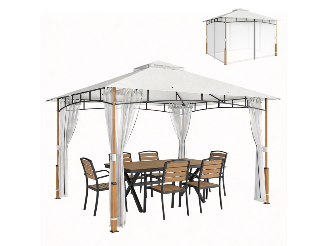Pérgola Para Jardim 3x3,6 M Com Telhado Duplo Paredes De Rede Upf50+ Estrutura Metálica Creme E Teca