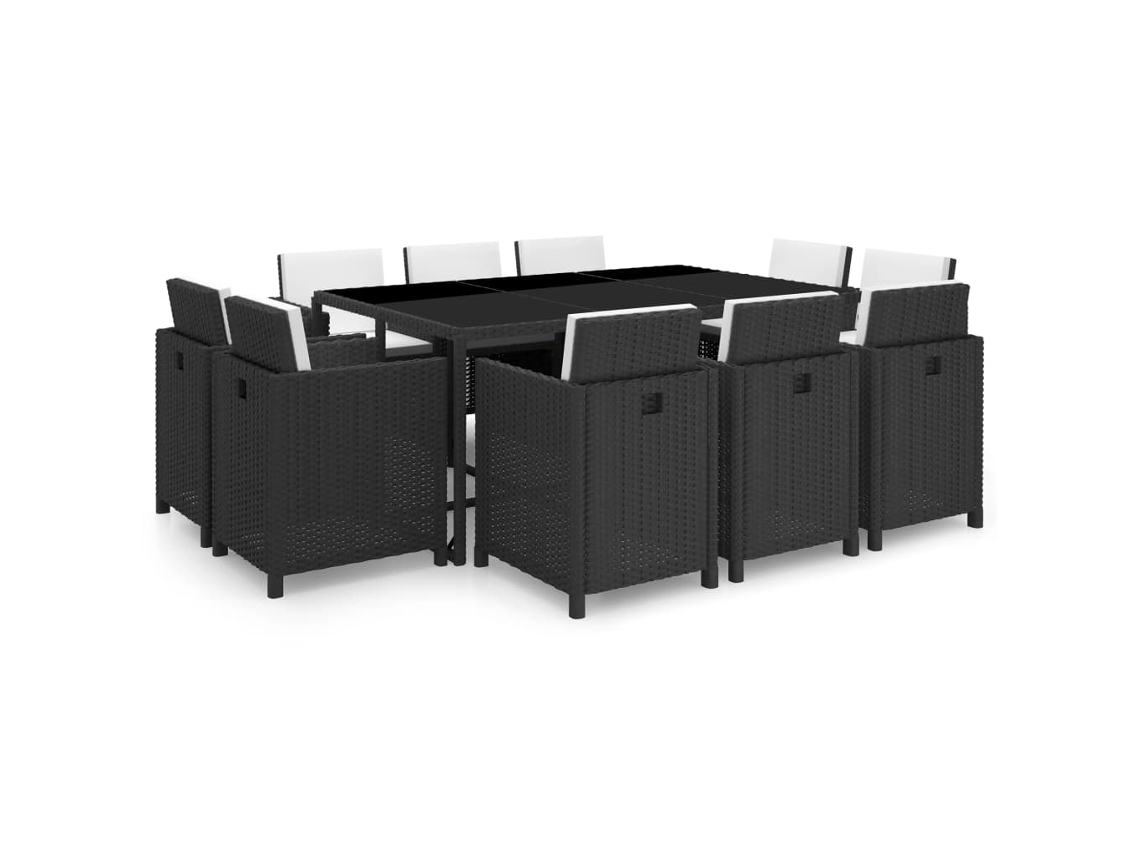 Conjunto 11 jantar exterior com almofadões VIDAXL vime PE preto