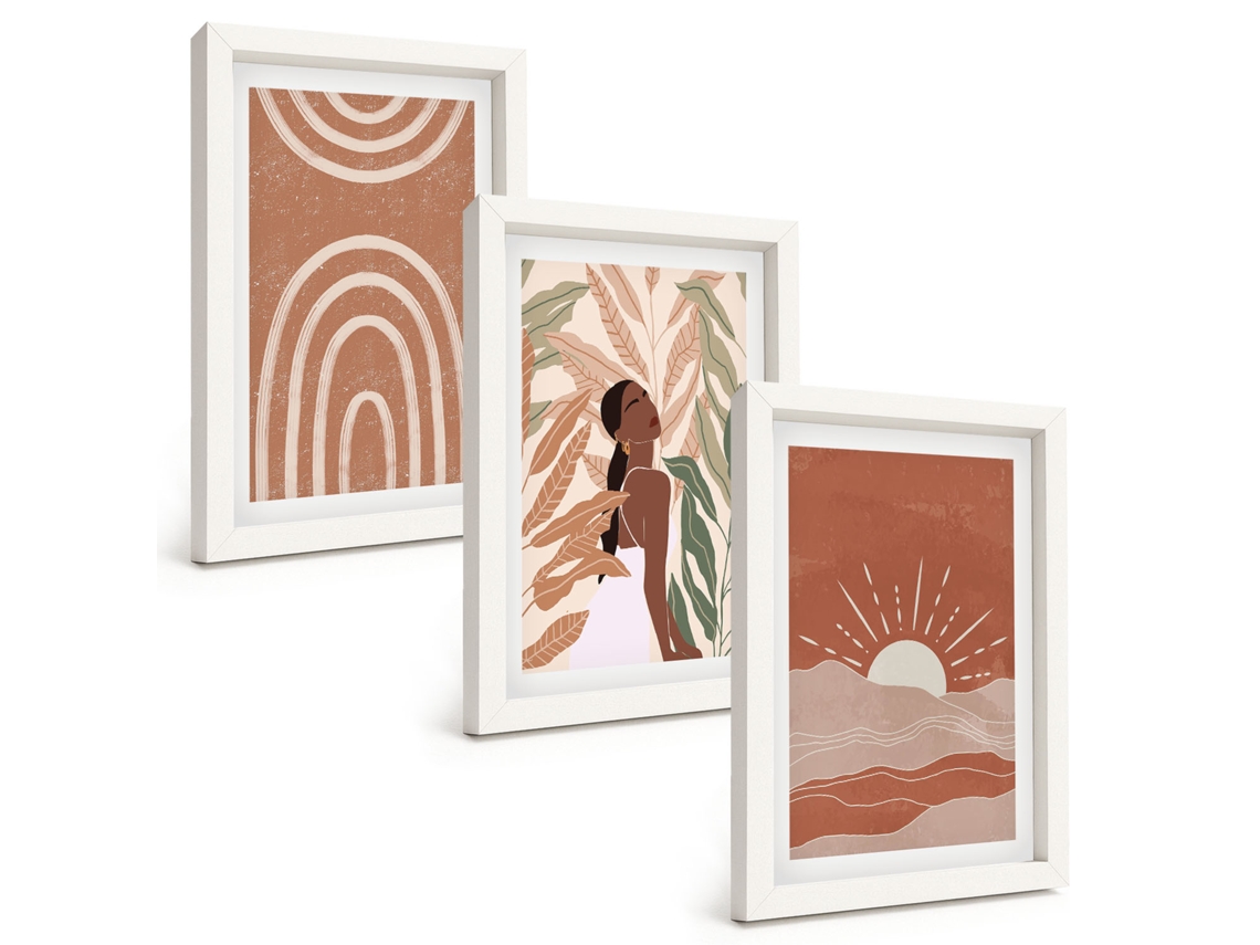 Composição De Quadros Na Parede Formas Abstratas Boho Moldura Branca Quadros Para A Sala De Estar Espelharte (3 Peças 20x30 Cm)