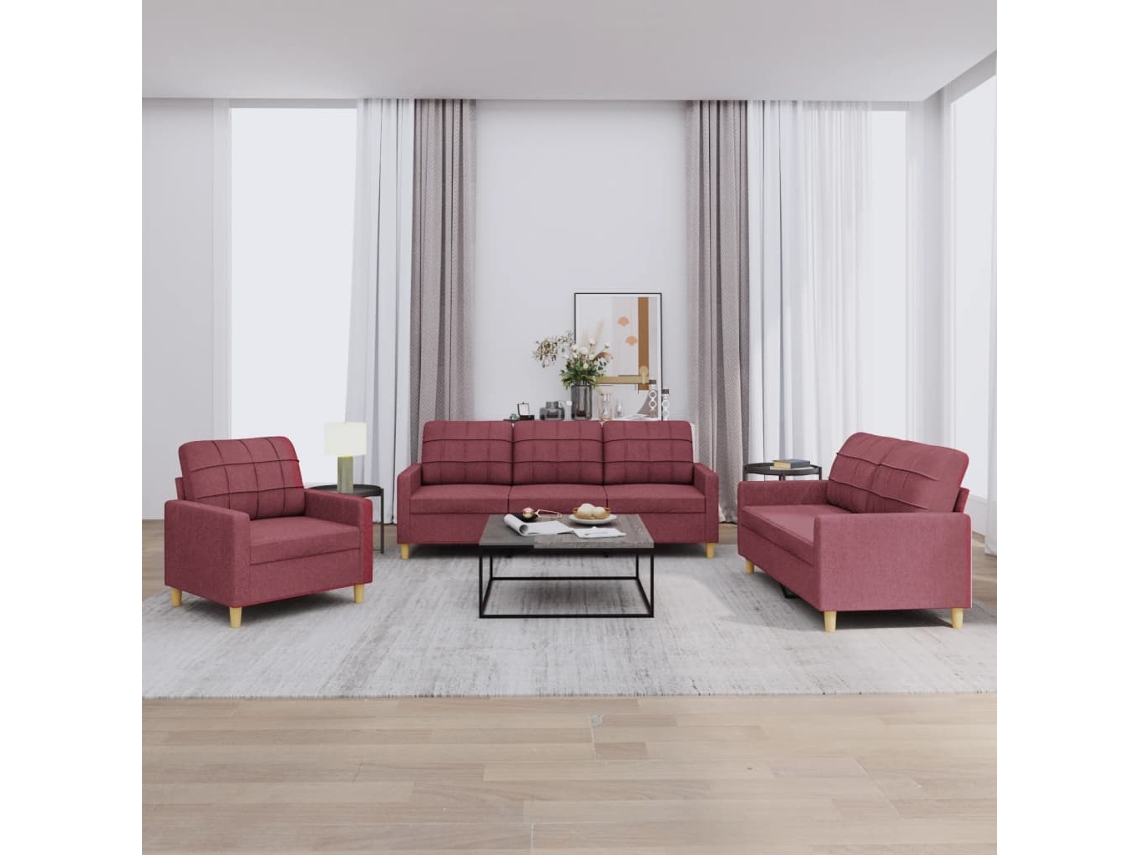 Vidaxl 3 Pcs Conjunto De Sofás Com Almofadões Tecido Vermelho Tinto