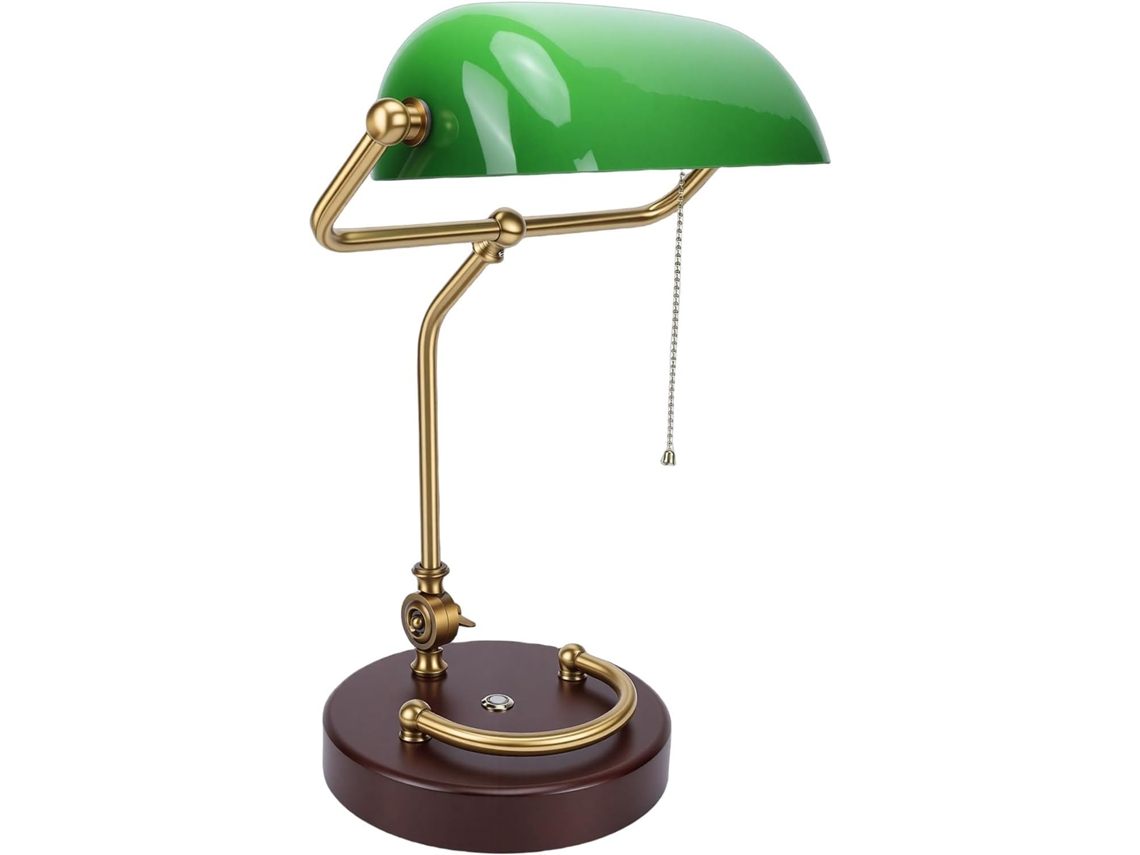 Luminária De Mesa Cocoarm Estilo Banqueiro, Com Base Retrô Em Carvalho E Cúpula De Vidro Verde Esmeralda, Cúpula