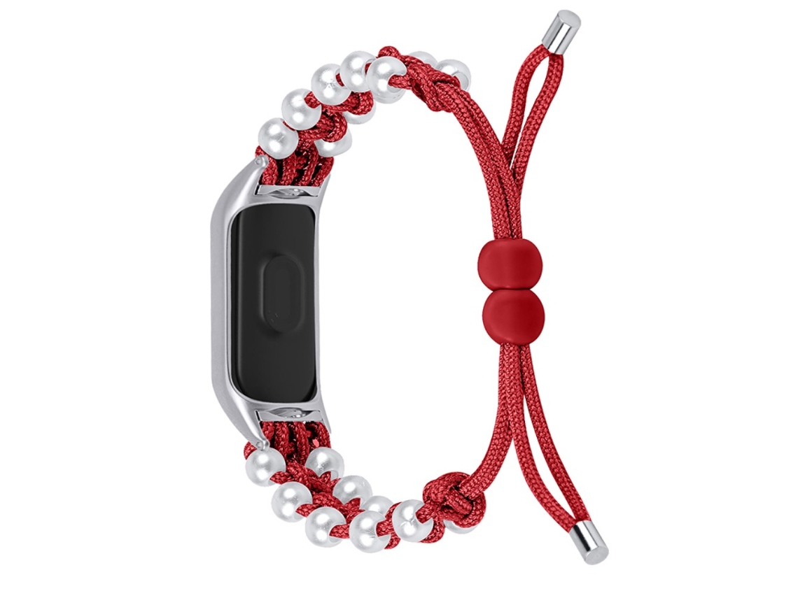Bracelete de Nylon Decoração Pérola Ajustável Corda Trançada para Xiaomi Mi Band 3/4 Vermelho