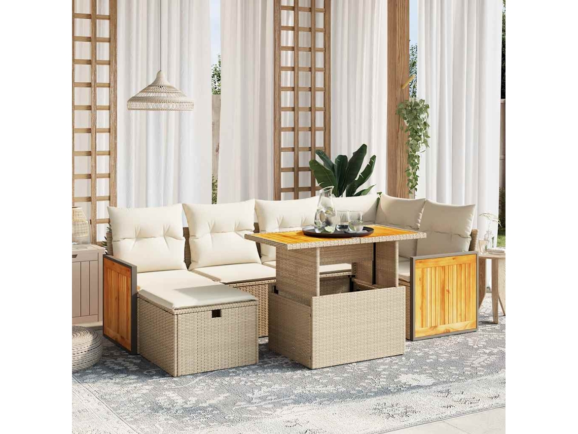Vidaxl 7 Pcs Conjunto De Sofás P/ Jardim Com Almofadões Vime Pe Bege