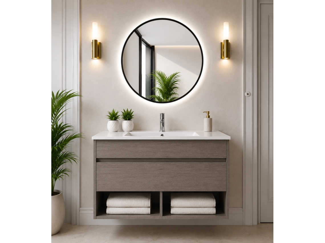 Móvel De Casa De Banho Suspenso Com Lavatório Extraplano Origenbath Nebari Sem Espelho 80x45 Cm Carvalho Smoky