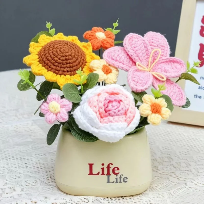 Buquês De Plantas Artificiais Em Vasos, Feitos Em Crochê, Perfeitos Para Decoração De Casa E Presentes De Aniversário.