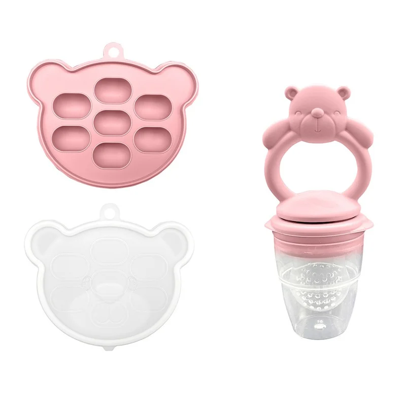Mordedor Bebé Alimentador CHRUI 6+ Meses 2 em 1 Alivio Gengivas Molde Gelo (urso Rosa)