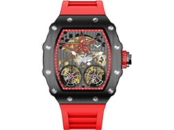 Lurelia Relógio Mecânico Automático Masculino, Couro, Silicone, Design Esqueleto, Resistente À Água, Preto E Vermelho, Modelo Lx03790