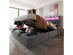 Cama Box 180x200 Cm Com Armazenamento Cabecote Reclinável Led Cinza Seda