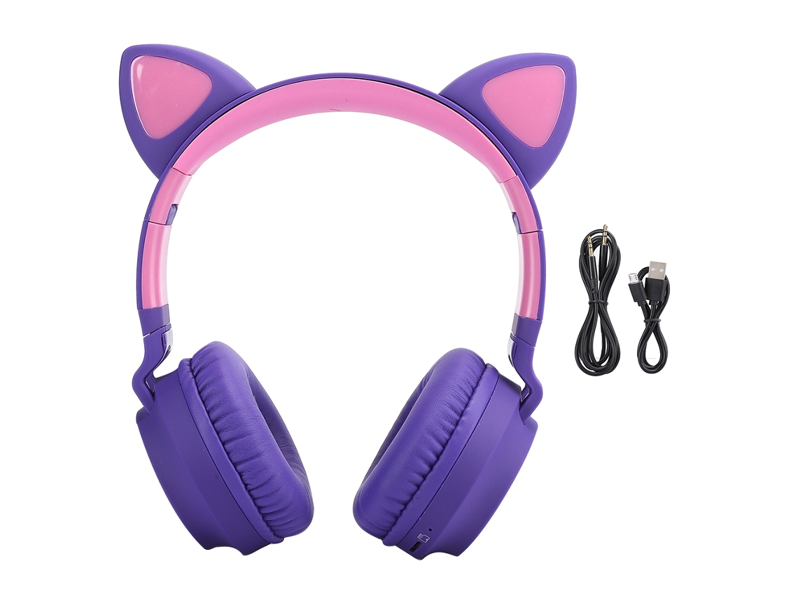 Fones De Ouvido Bluetooth 5.0 Com Led E Cancelamento De Ruído Cute Cat Ear Para Jovens E Crianças Roxo