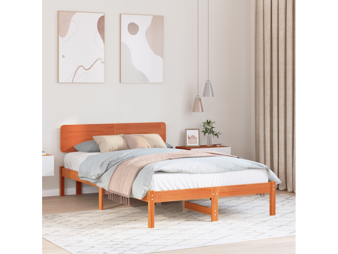 Estrado De Cama Com Cabeceira Castanho Encerado 135x190 Cm Madeira De Pinho Maciça