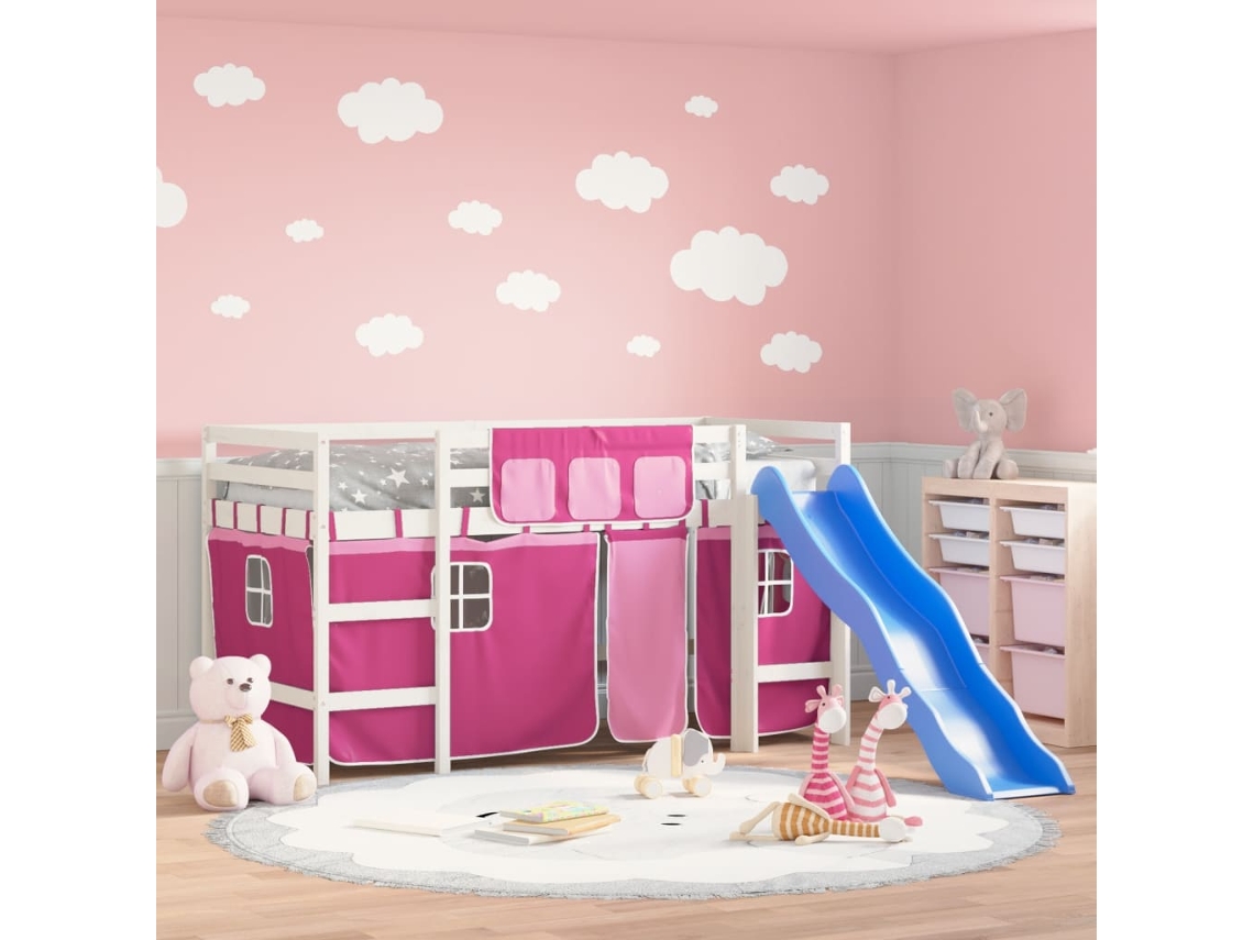 Cama alta p/ criança c/ cortinas 80x200 cm pinho maciço rosa