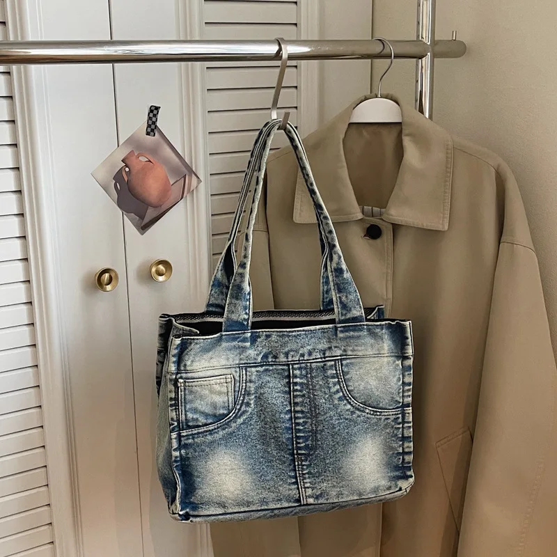 (azul) Bolsa Tote Grande Feminina Estilosa Para Uso Diário, Bolsa De Mão Em Jeans
