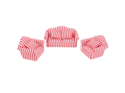 Rebe-3 Peças De Sofá Em Miniatura Para Casa De Bonecas 1:12, Sofá Duplo E 2 Sofás Individuais Com Listras Claras, Vermelho