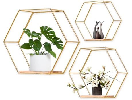 Conjunto de 3 Prateleiras Hexagonais Prateleira Flutuante em Metal e Madeira MEOIRUERY