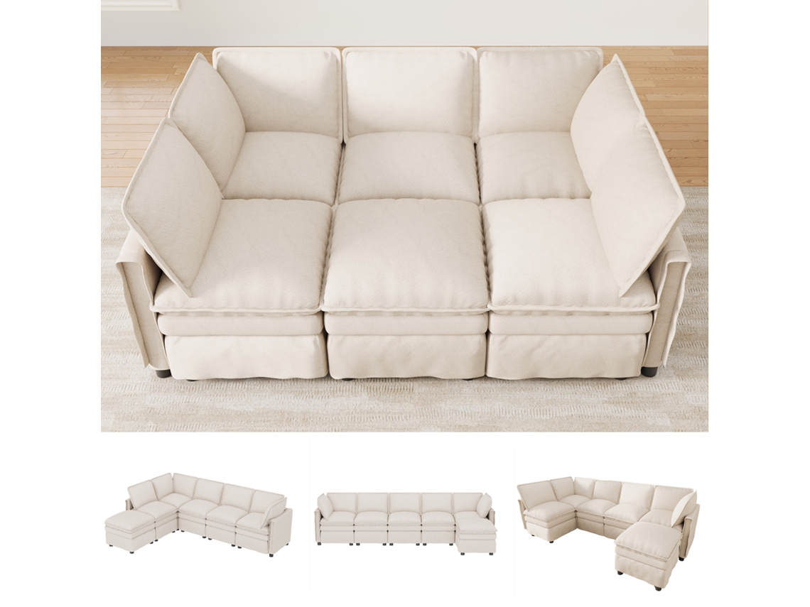 Sofá Modular Xxl Convertível Em Sofá-cama, Formato U/l, Pufe Móvel E Almofada Dupla, Chenille Bege
