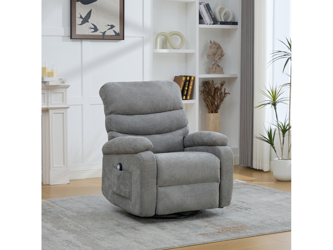 Poltrona Giratória 360° Elétrica Com Massagem E Aquecimento, Encosto E Apoio Para Os Pés Ajustáveis, Bolsos Laterais. Cinza.