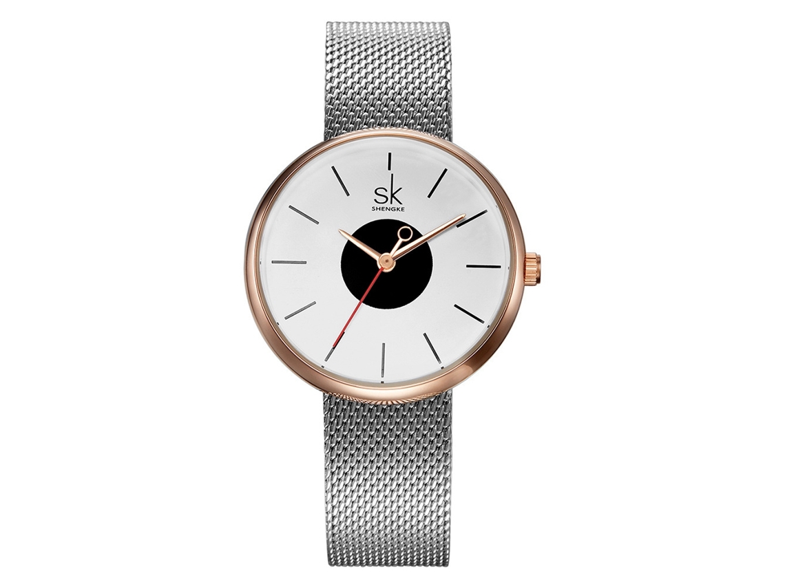 Relógio de Pulso Feminino de Quartzo com Pulseira de Malha Fina Shengke (prata Branco)