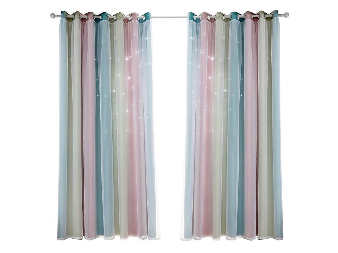 Cortina Dupla Com Estrelas, Degradê Arco-íris Para Sala E Quarto