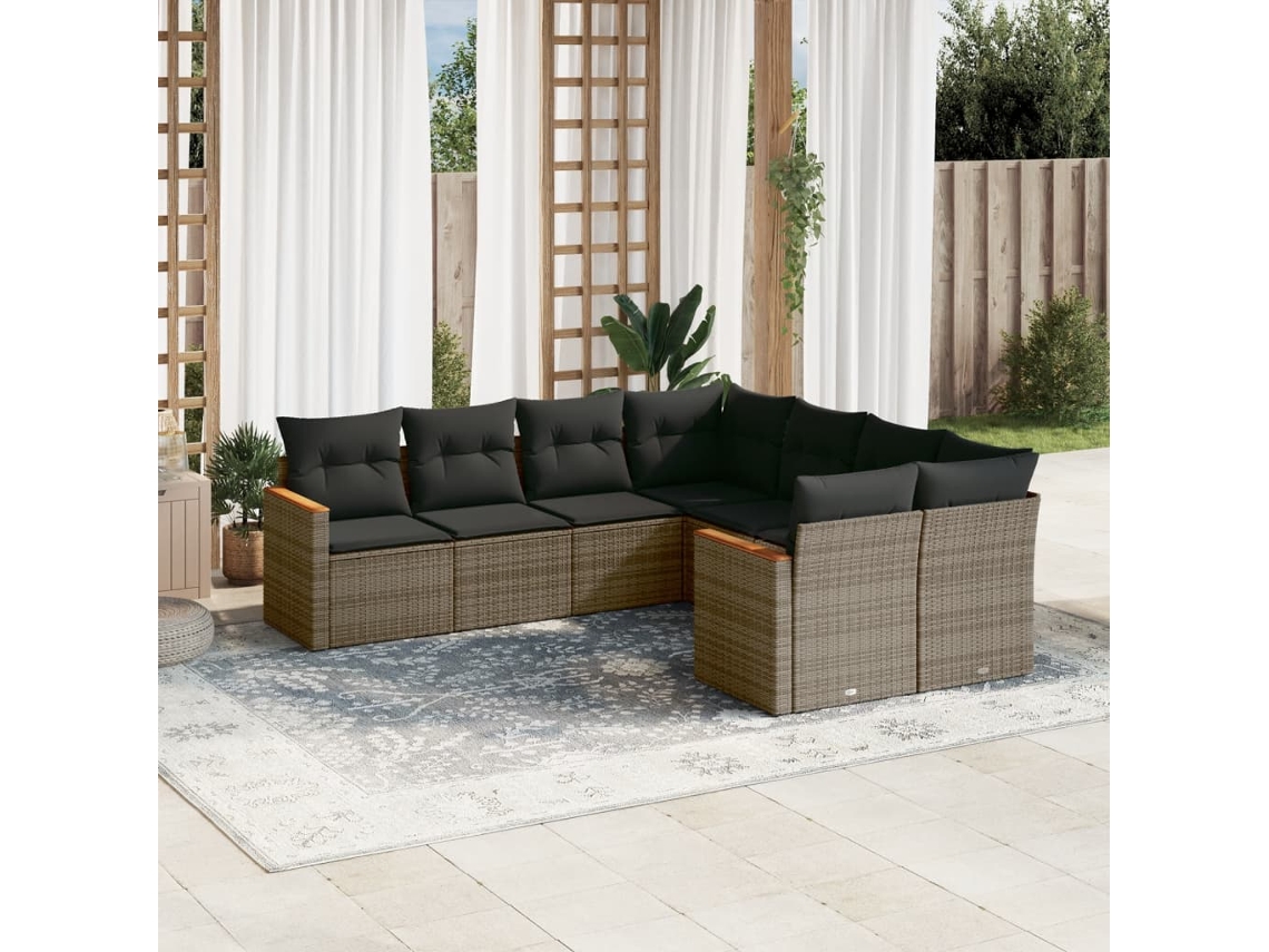 Vidaxl 8 Pcs Conjunto Sofás De Jardim C/ Almofadões Vime Pe Cinzento