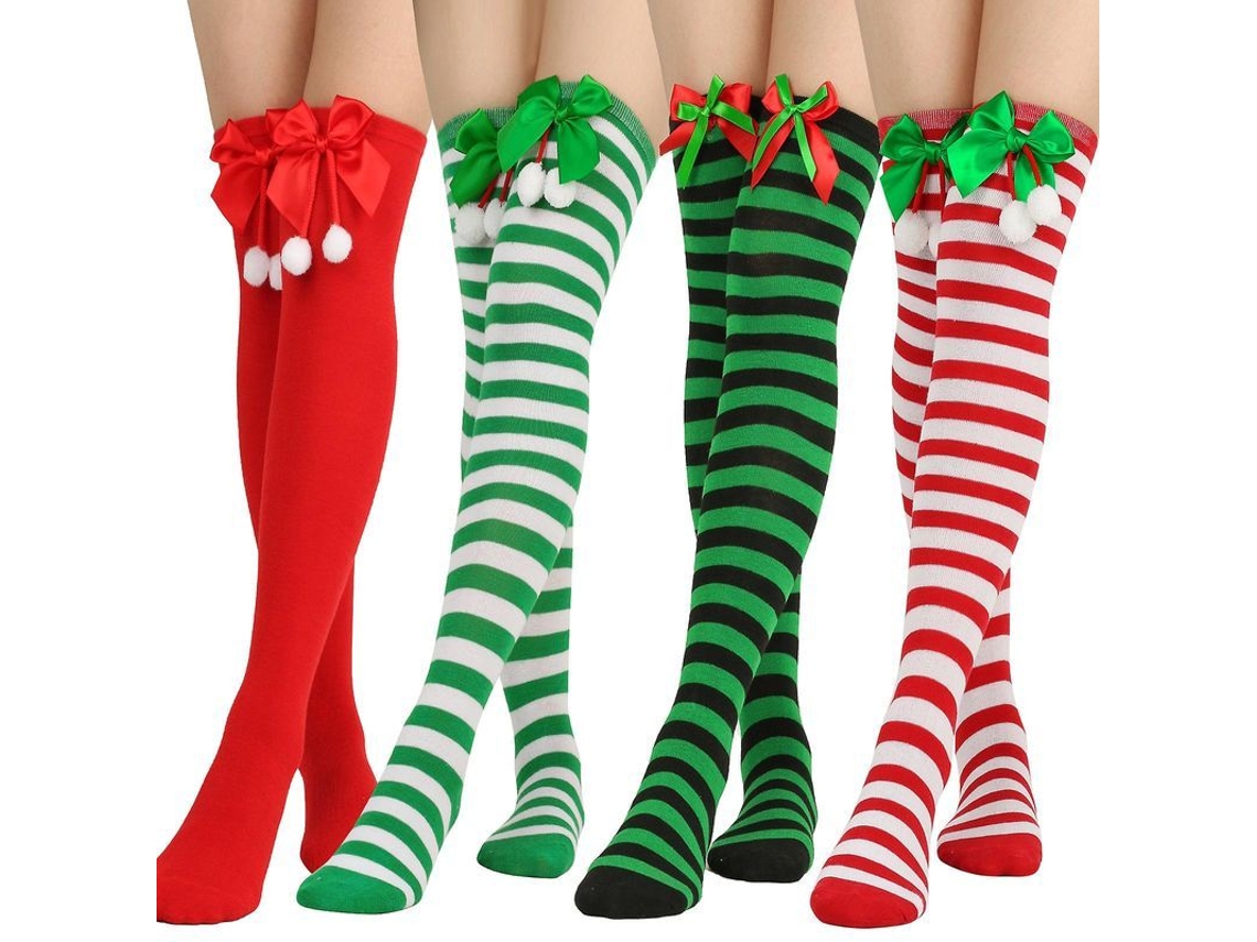 2026 4 Pares de Meias Largas para Mulher Natal Listradas com Elásticos e Bola de Pelo