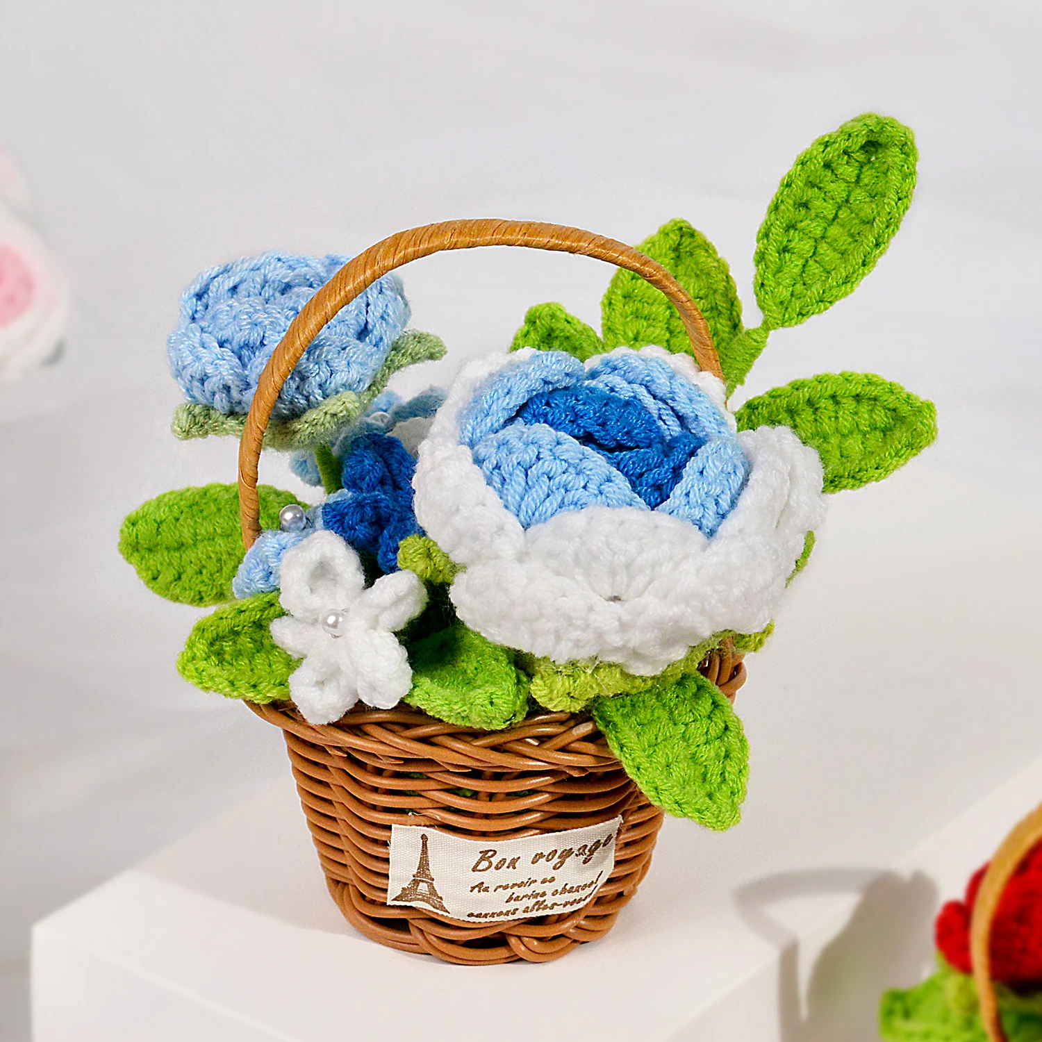 (azul) 1 Peça De Buquê De Crochê Feito À Mão Com Vaso De Rosas Cor-de-rosa, O Presente Perfeito.