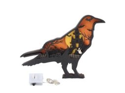 Ornamento de madeira entalhada Baok com luz: Arte manual em madeira 3D de animal com luzes para decoração de Halloween: Corvo