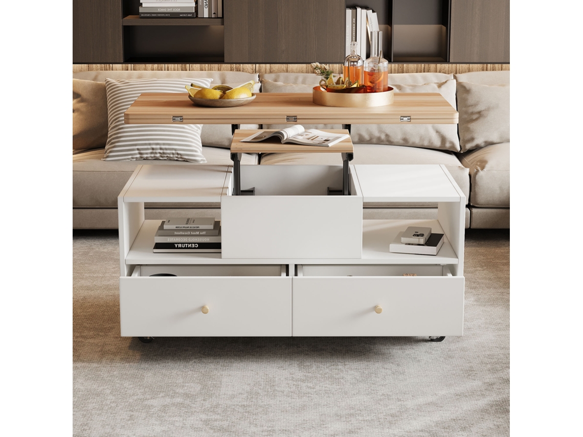 Mesa De Centro 100x50x47,5 Cm Com Função Dobrável 4 Gavetas Com Rodízios Giratórios Branco Natural Mobrio