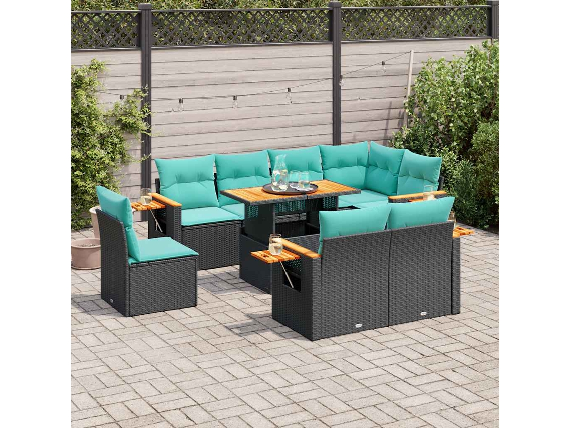 Vidaxl 9 Pcs Conjunto Sofás P/ Jardim Almofadões Vime Pe/acácia Preto