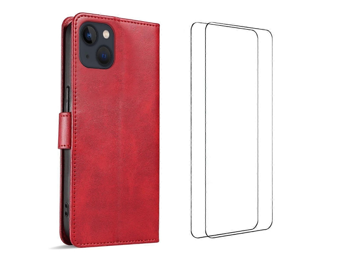Capa Tkdaddy Para Iphone 15 Com 2 Peças De Vidro Temperado Wanlonfeng Wn Series, Capa De Couro Com Textura De Bezerro, Recortes Grandes, Vermelha