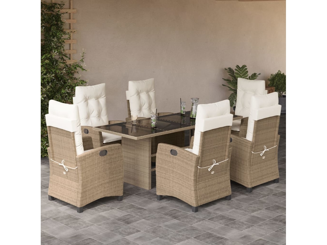 Conjunto 7 Peças Jantar P/ Jardim Com Almofadões Vime Pe Bege Dkd Home Decor