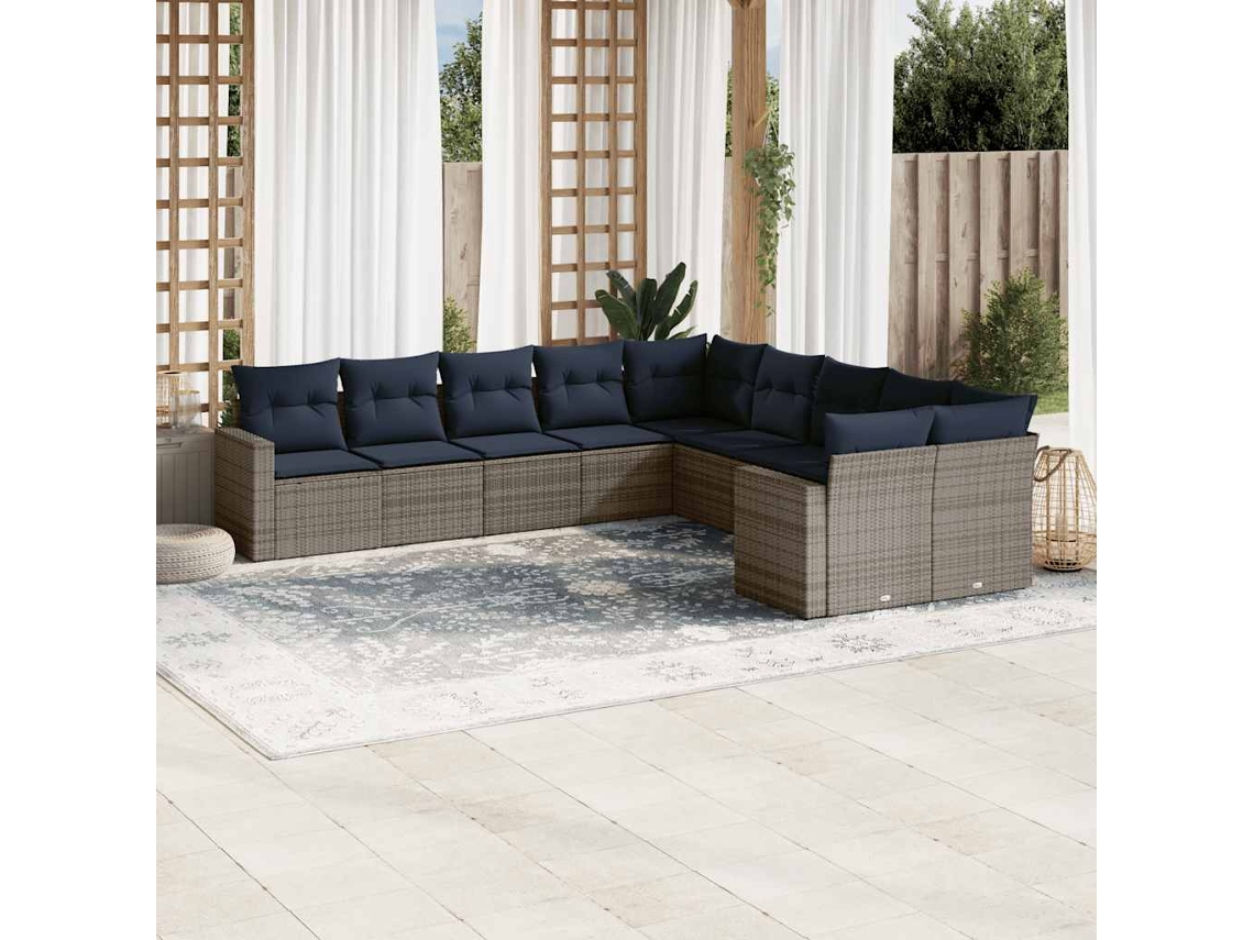 Vidaxl 10 Pcs Conjunto Sofás P/ Jardim C/ Almofadões Vime Pe Cinzento