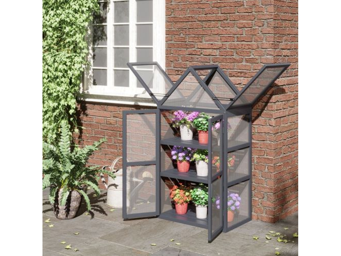 Estufa Mini Para Plantas Com 3 Níveis, Teto Abrível E Portas Duplas Em Madeira Natural 70,5 X 42 X 132 Cm Liptaptyn