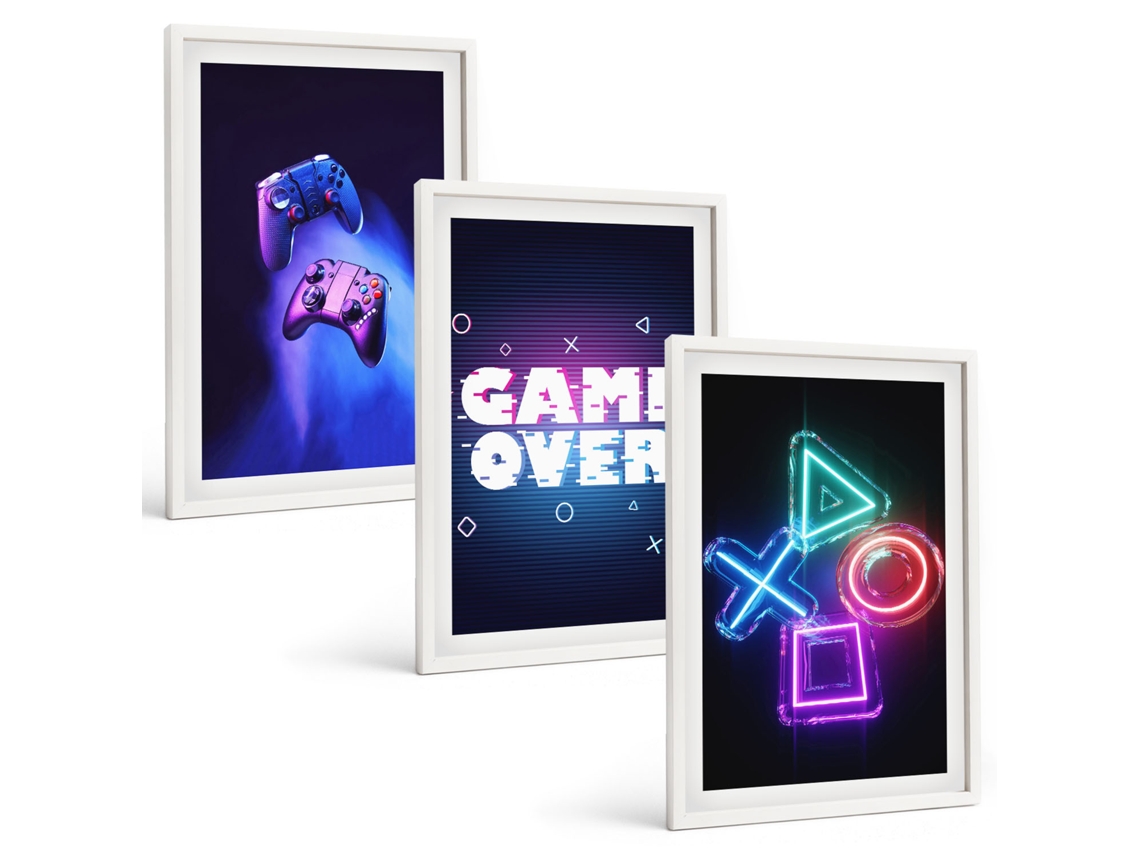 Pinturas Murais Modernas Game Over, Controles De Jogo Moldura Branca Quadros Para A Sala De Estar Espelharte (3 Piezas De 40x60 Cm)