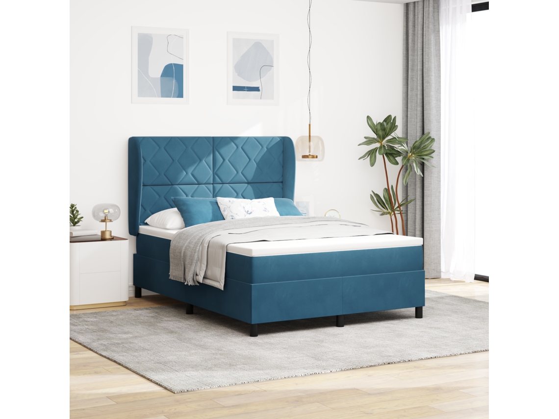 Cama Box Spring Com Colchão Azul Escuro 140x200 Cm Veludo