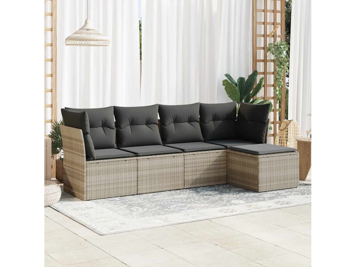 Vidaxl 5 Pcs Conj. Sofás Jardim C/ Almofadões Vime Pe Cinzento-claro