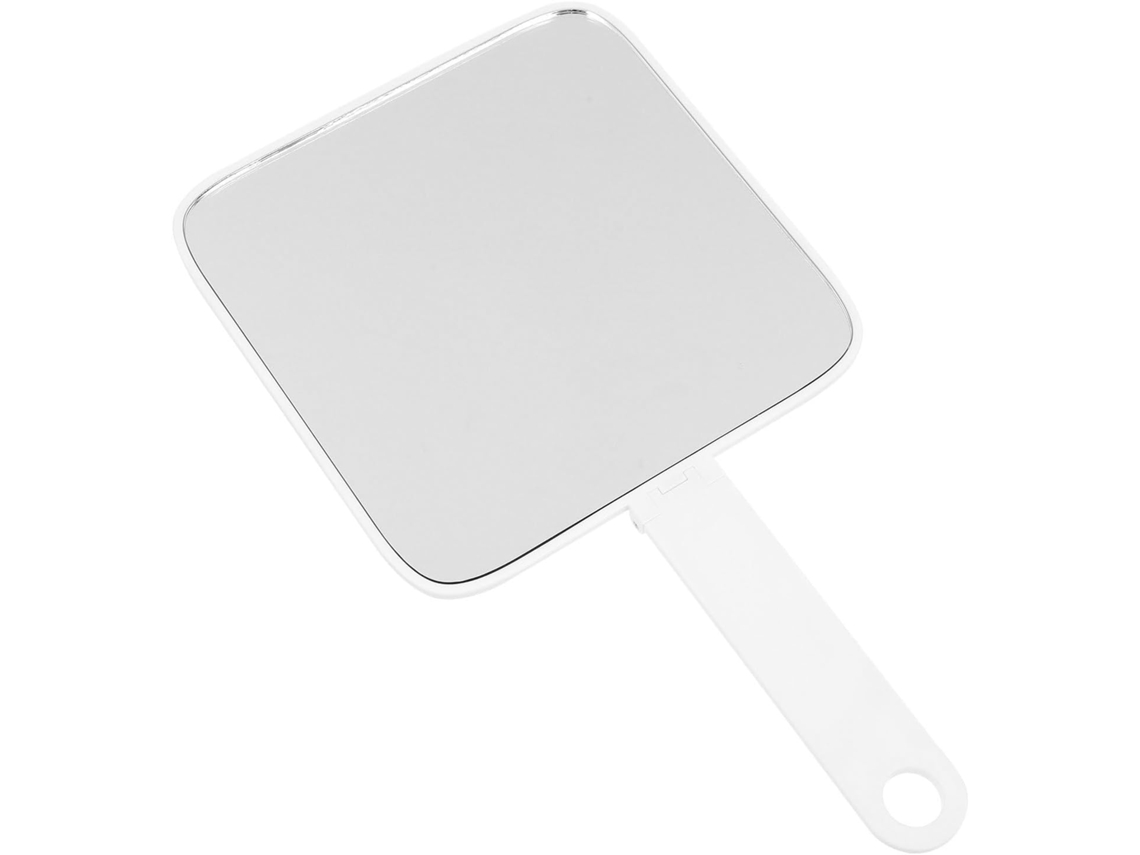 Espelho de mesa dobrável e portátil em ABS e vidro transparente com altura ajustável.
