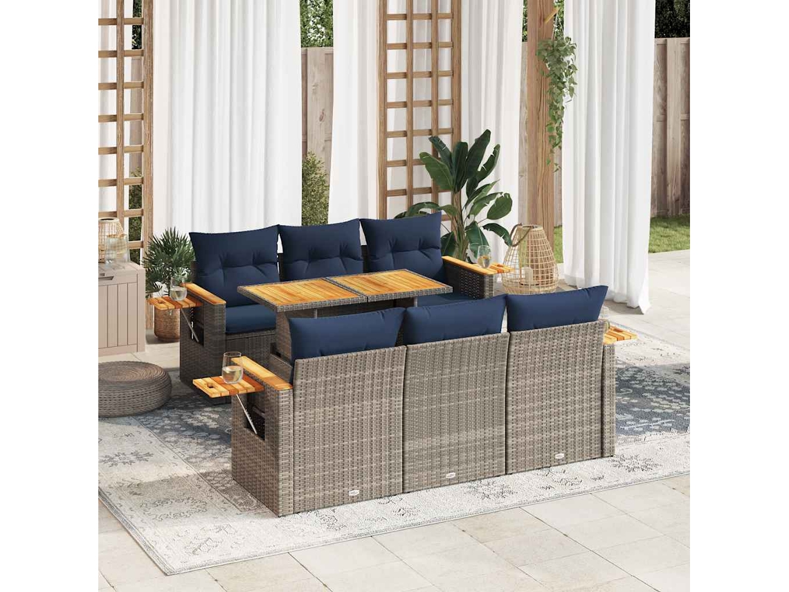 Vidaxl 7 Pcs Conjunto Sofás P/ Jardim C/ Almofadões Vime Pe Cinzento