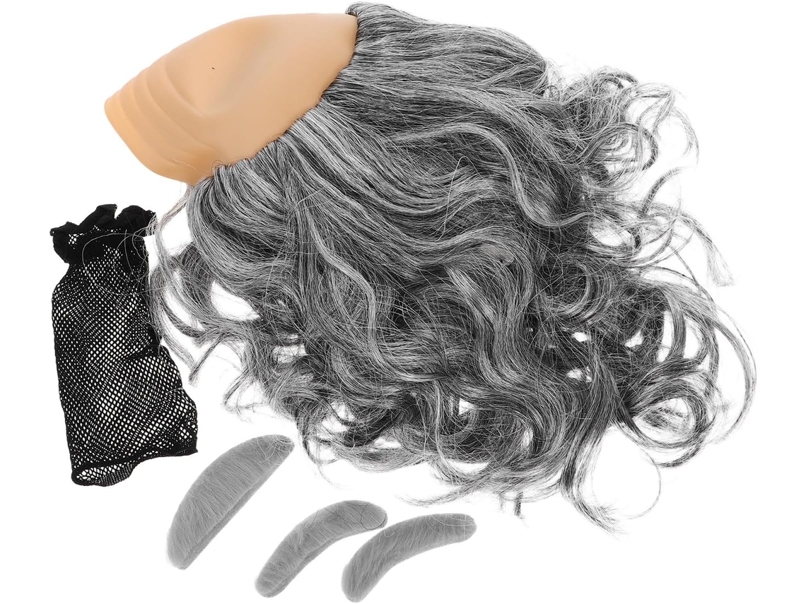 Prótese Capilar Masculina De 3 Peças, Grisalha, Com Bigode E Sobrancelhas, Para Cabelos Ondulados E Calvos.