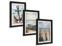 Quadros Decorativos Para Paredeâncora, Barco, Remos, Praia Moldura Preta Quadros Para O Escritório Espelharte (3 Peças 20x30 Cm)