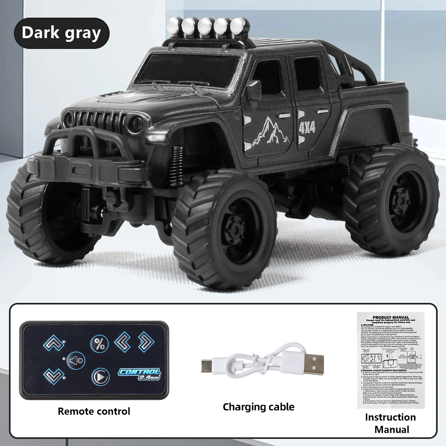 Carro de Mesa de Liga Metálica com Controle Remoto, Modelo de Veículo Off road, Presente para Crianças e Meninos MDUG (cinza)