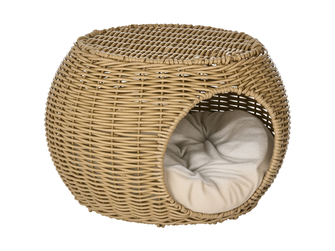 Cesto de Gatos de Resina Tecido com Aparência de Vime com 1 Almofada Macia Ø 40 X 30 Cm Marrom Claro Ge