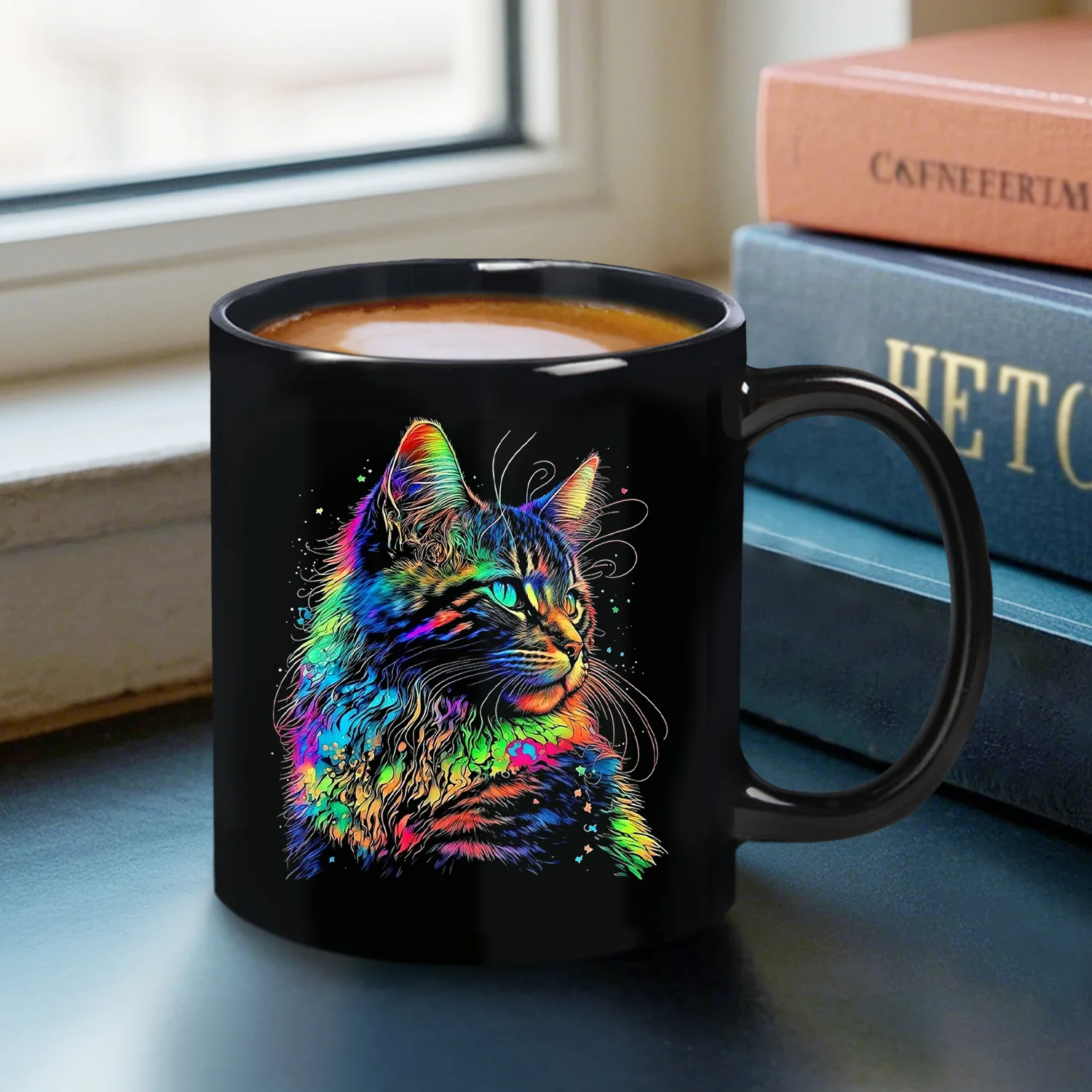 Caneca de Cerâmica Gato Mágico , Ideal para Café, Chá com Leite e Café da Manhã. MDUG (preta, 330ml)