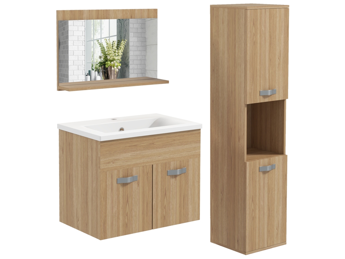 Conjunto De Móveis Para Banheiro Com 4 Peças. Suspenso. Com Espelho. Gabinete Com Pia E Armário Alto. Cor Natural.