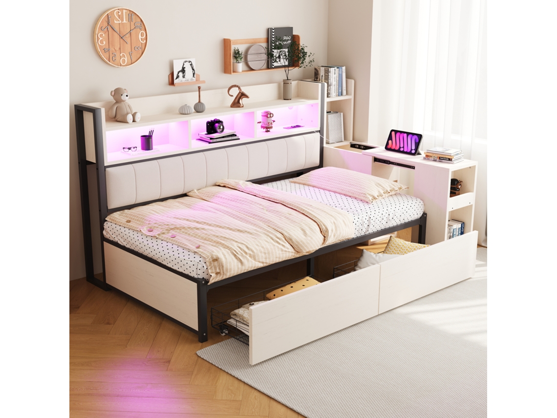 Cama Sofá 90x200cm Branca Gavetas Compartimentos Tomadas Iluminação Led