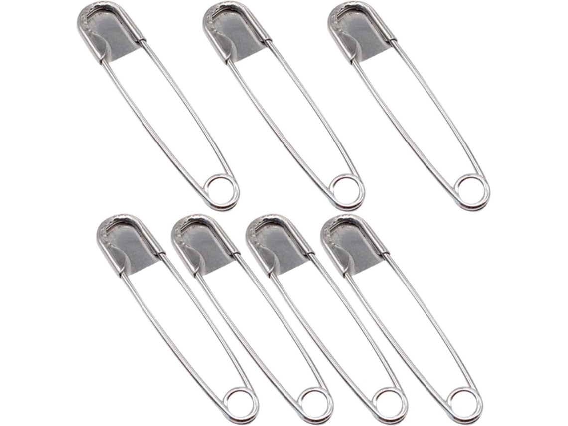 Conjunto de 7 alfinetes de segurança extragrandes em aço inoxidável, superfície lisa e com furos para perfuração, cor prata, para