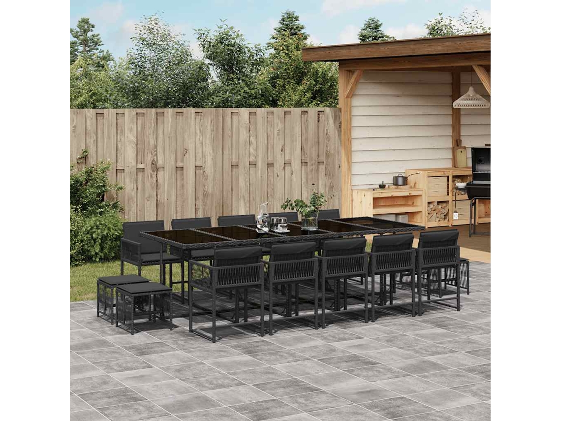 Vidaxl 15 Pcs Conjunto De Jantar P/jardim Com Almofadões Vime Pe Preto