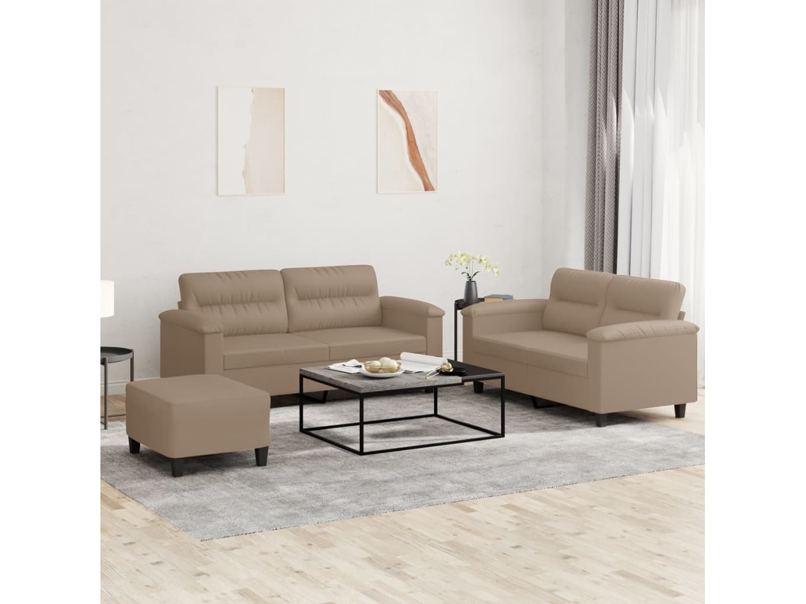 Vidaxl 3 Pcs Conjunto Sofás C/ Almofadões Couro Artificial Cappuccino